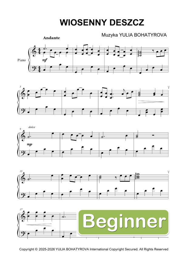 Wiosenny Deszcz – Łatwe nuty na fortepian dla początkujących